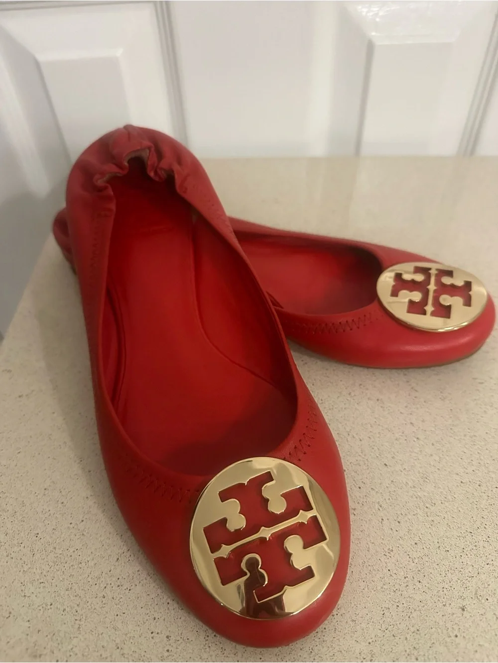 Tory Burch Reva Red Leather Logo Ballet Flats